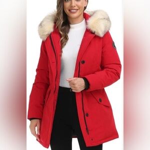 Red Hooded Parka with Faux Fur Trim